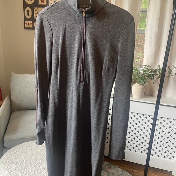 Lauren Ralph Lauren Womens Gray Half Zip Long Sleeve Shift Dress w/Brown leather - Picture 5 of 5